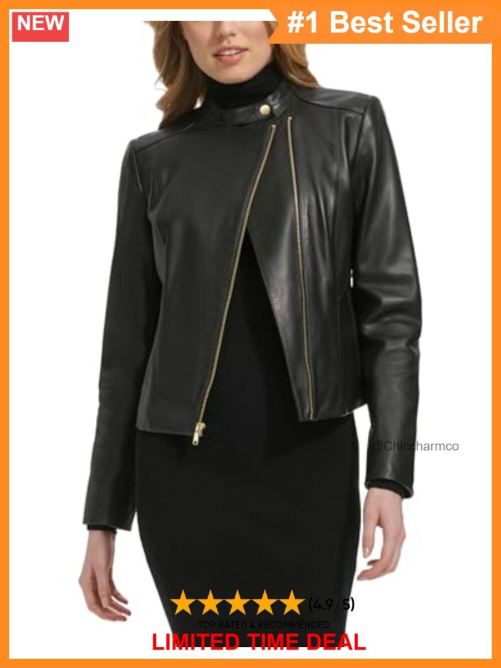 Leather Jacket Long Sleeve Asymmetric Zipper Snap Collar Lined